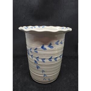 Art Pottery Vase  Kitchen Utensil Holder Blue Vine Pattern Ruffled Edge '05